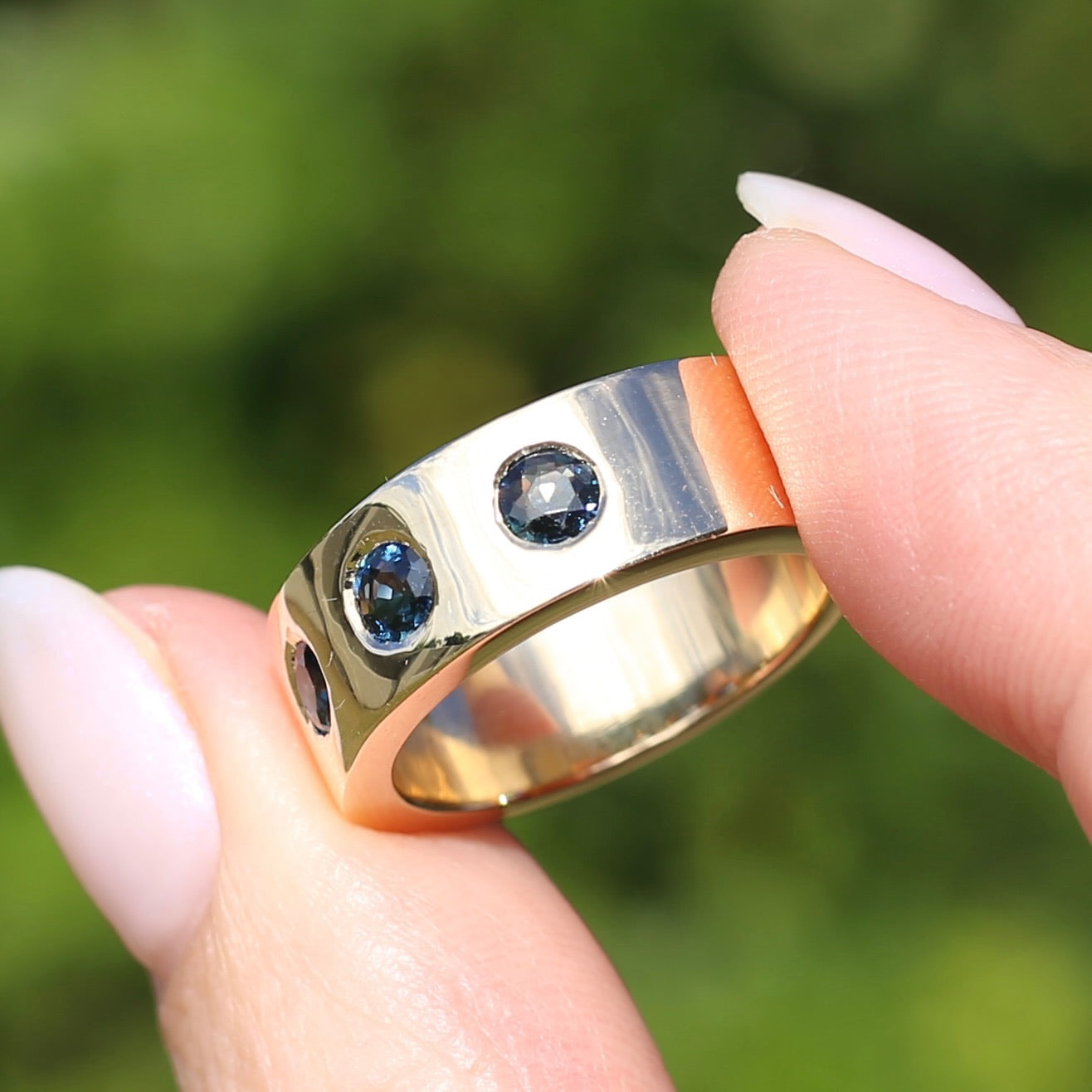 Custom Reclaimed Gold Chunky 9ct Rings with 4mm Parti Sapphires