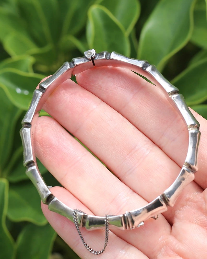 1962-1963 Birmingham Made Silver Bamboo Hinged Bangle with Safety Chain, Sterling Silver, 17.96g