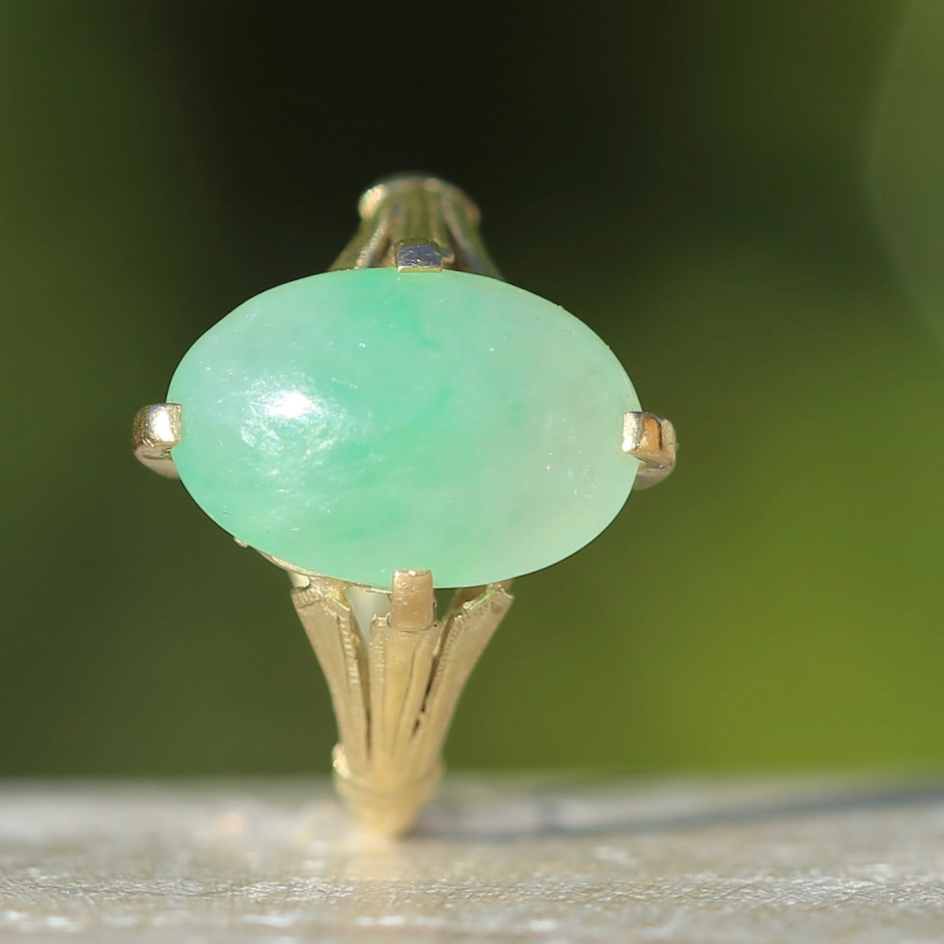 Apple Green Oval Jade Cabochon, 14ct Yellow Gold Claws with Fab Shoulders, size 5.5 or K1/2