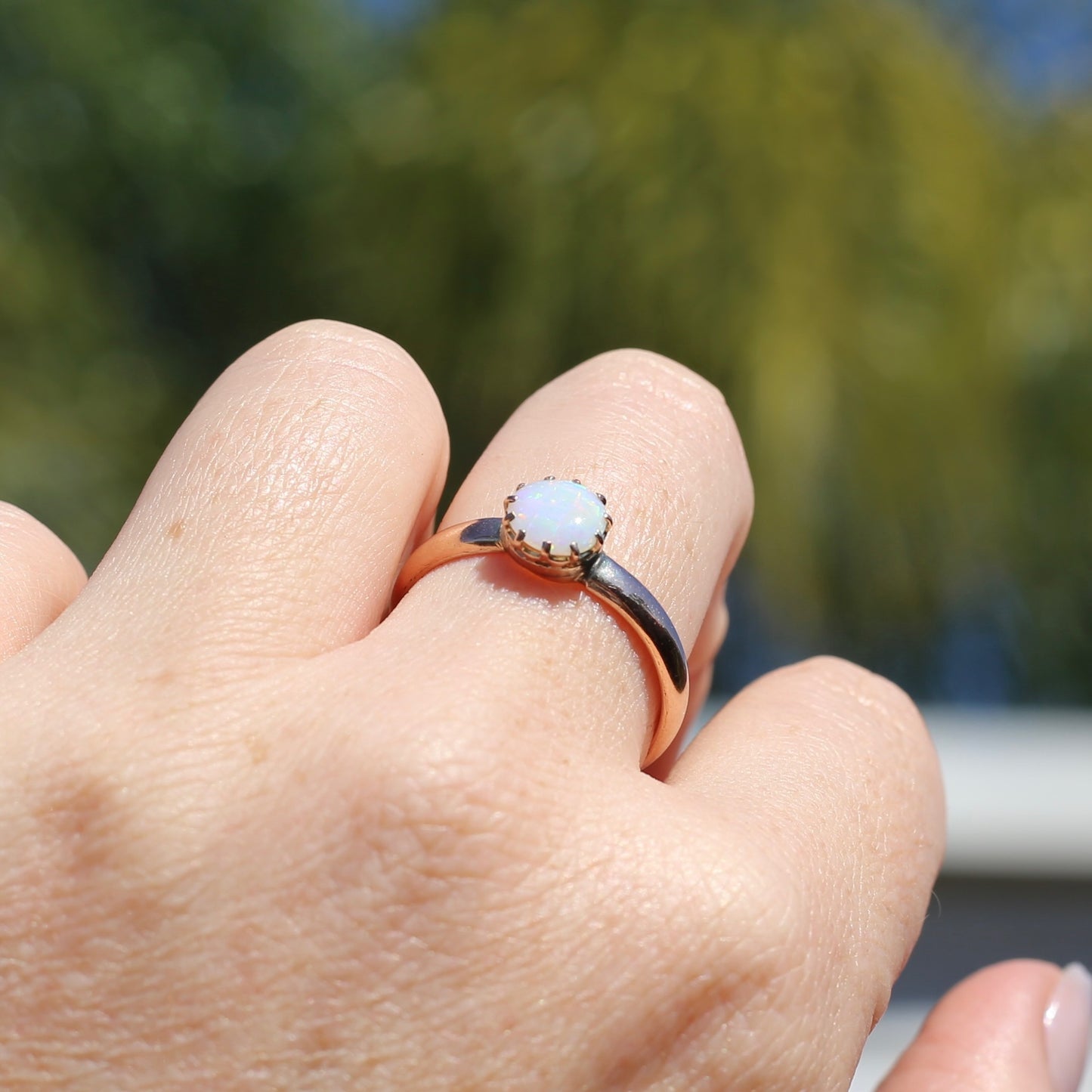 Early Australian 11 Multi Claw White Round Opal Ring, 9ct Old Rosey Gold, size 10 or U