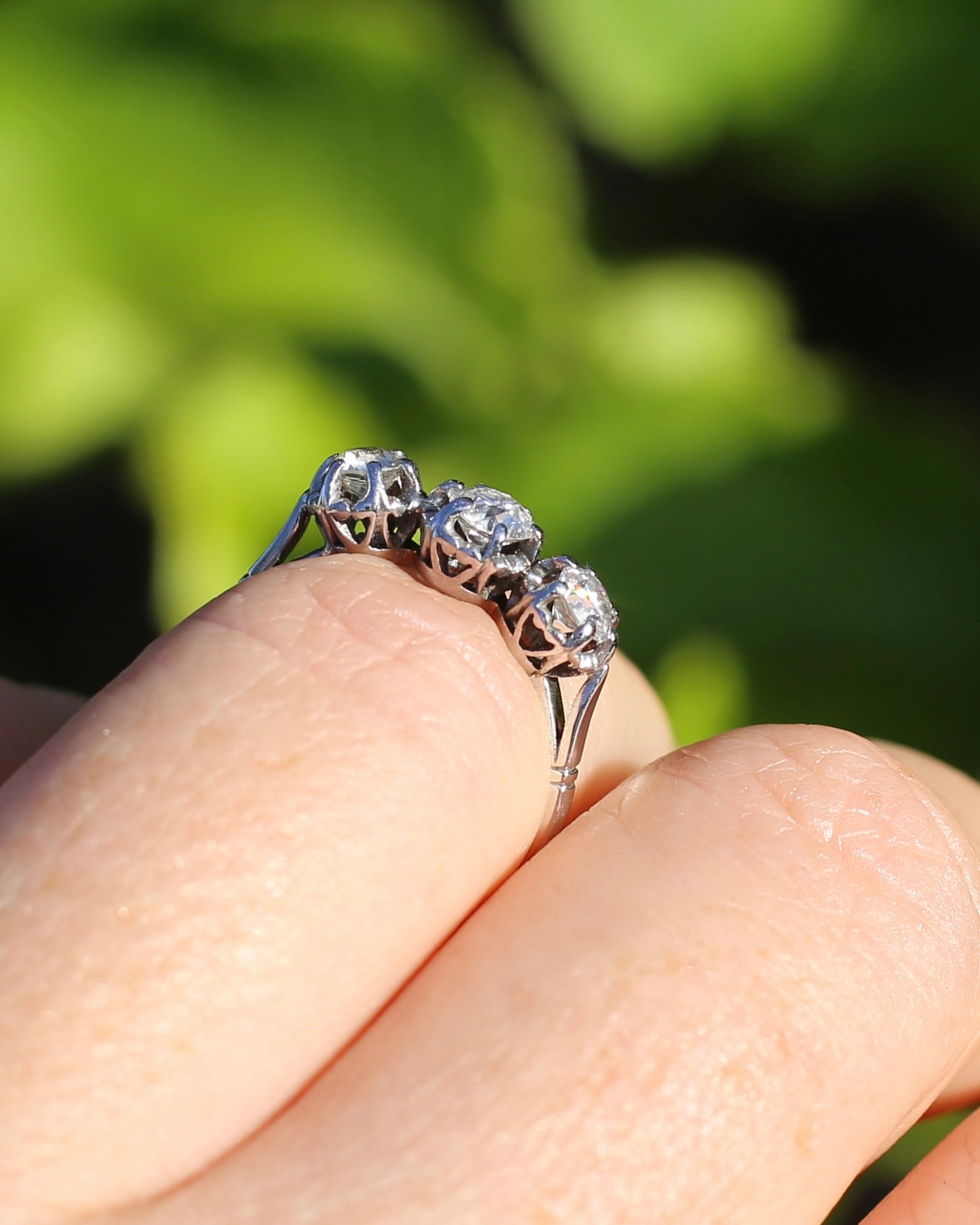 Circa 1930s Transitional Cut Diamond Trilogy with Kozibe Effect, Platinum, size L or 5.75, 2.68g, with valuation