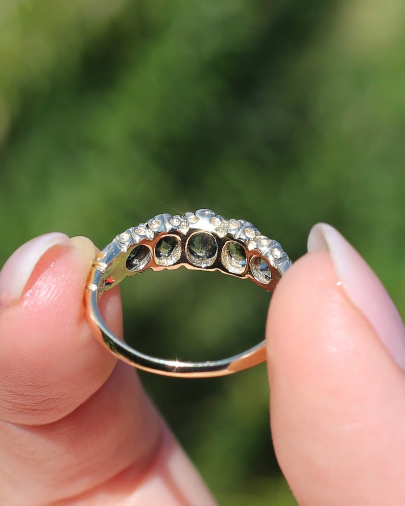 2.08ct Parti Sapphire Five Stone Ring,London Made 1989 9ct yellow Gold, size P1/2 or 8, 3.07g