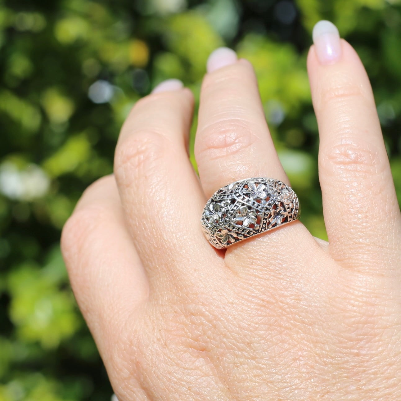 Rustic Silver Dome Frangipani Ring, Silver, size O or 7.25