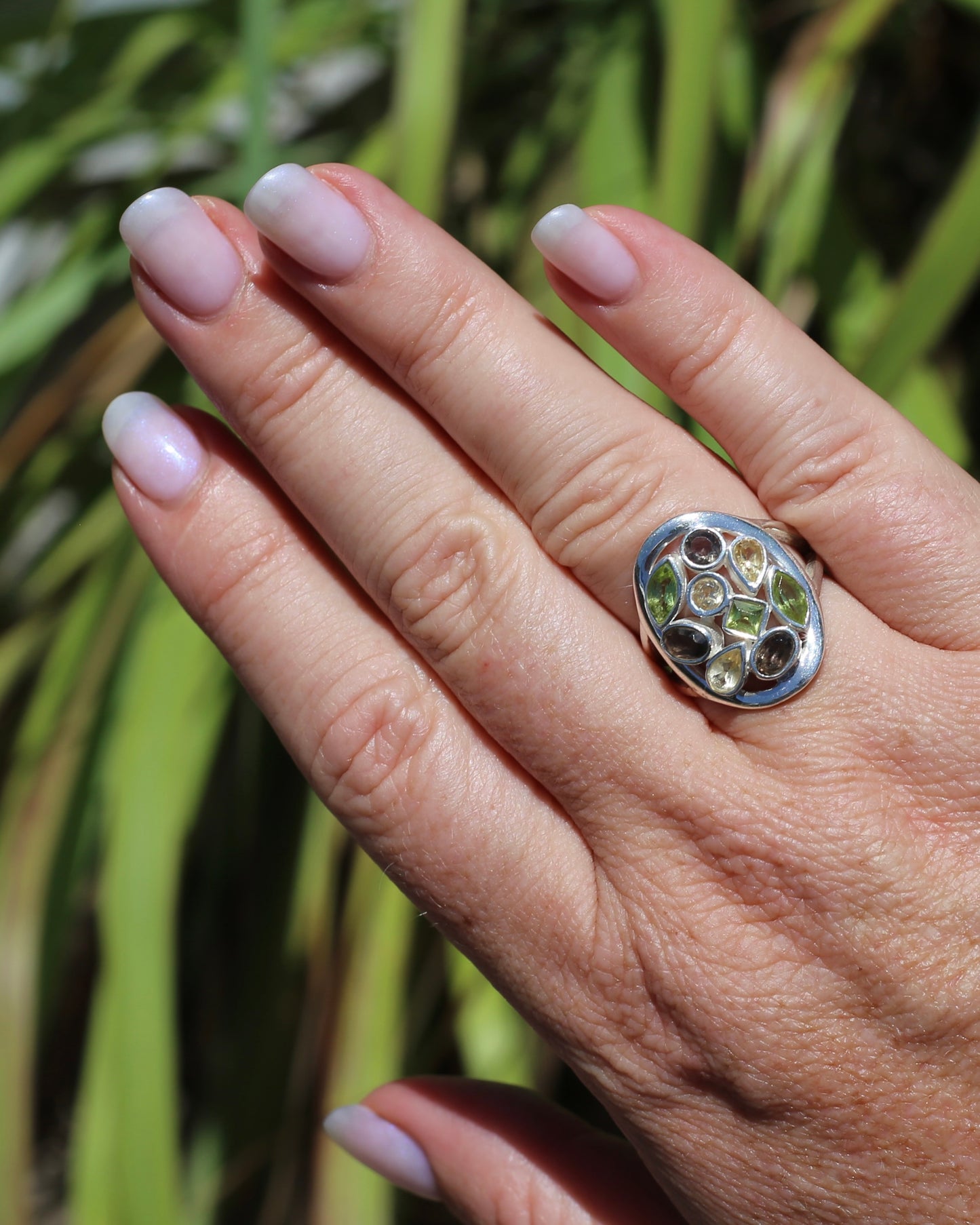 Peridot, Citrine and Smokey Quartz Bezel Set Ring, Sterling Silver, size P or 7.5, 8.27g