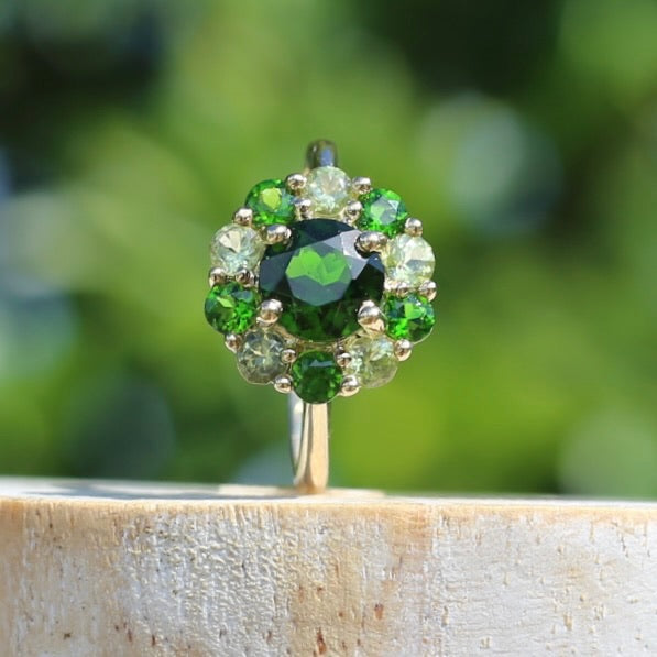 Chrome Diopside and Green Garnet Daisy Cluster Ring, 9ct Yellow Gold, size N1/2 or 7