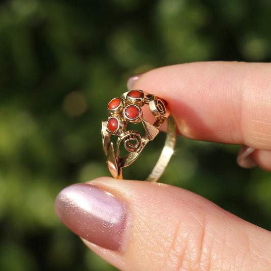 Vintage Dutch Four Stone Coral Cabochon Filigree Ring, 14ct Yellow Gold, size N1/2 or 7