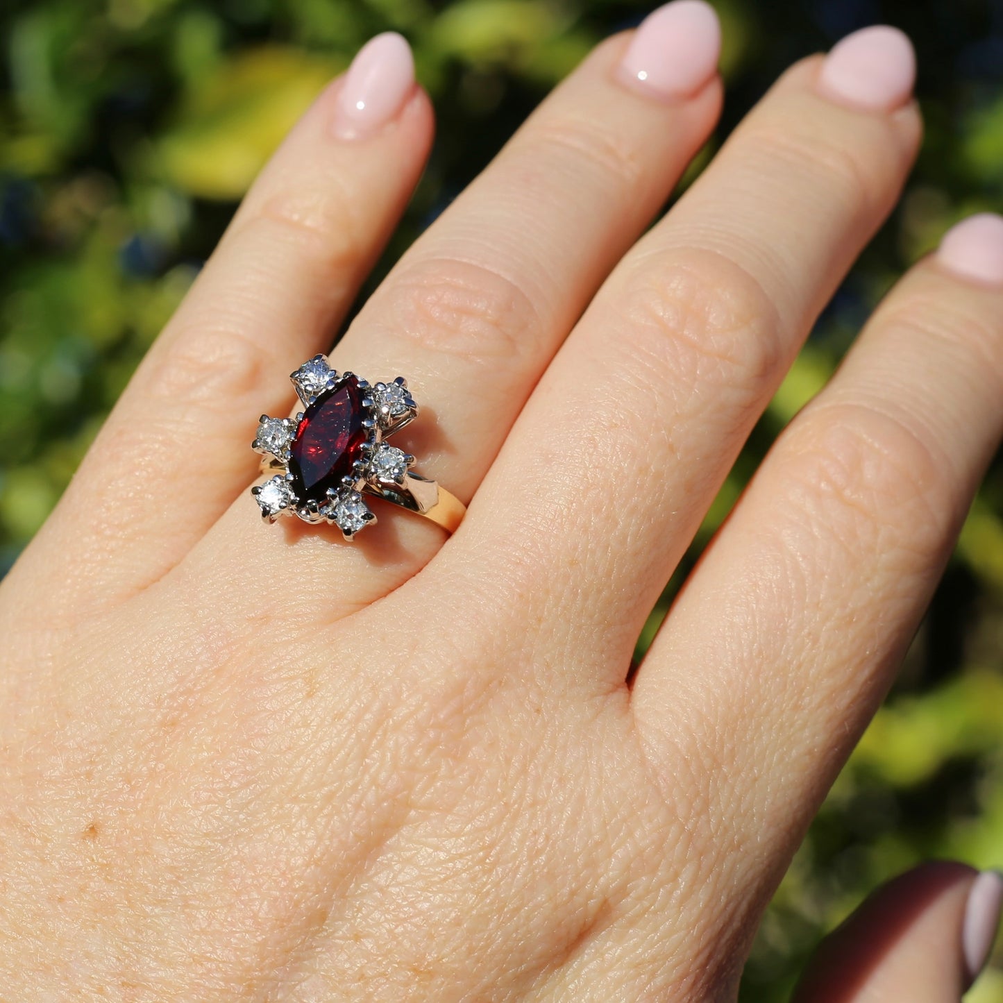 Viking feel Marquise Garnet With 6 Transitional Cut Diamonds, 18ct White and Yellow Gold, size N1/2 or 7