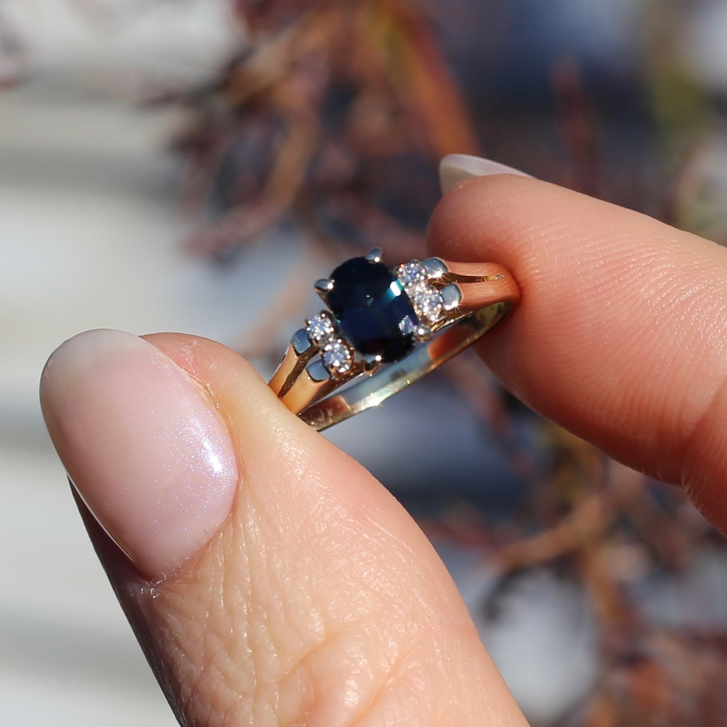 Oval Natural Blue Sapphire with Diamonds, Art Deco Feel Ring, 14ct Yellow Gold, size N or 6.75