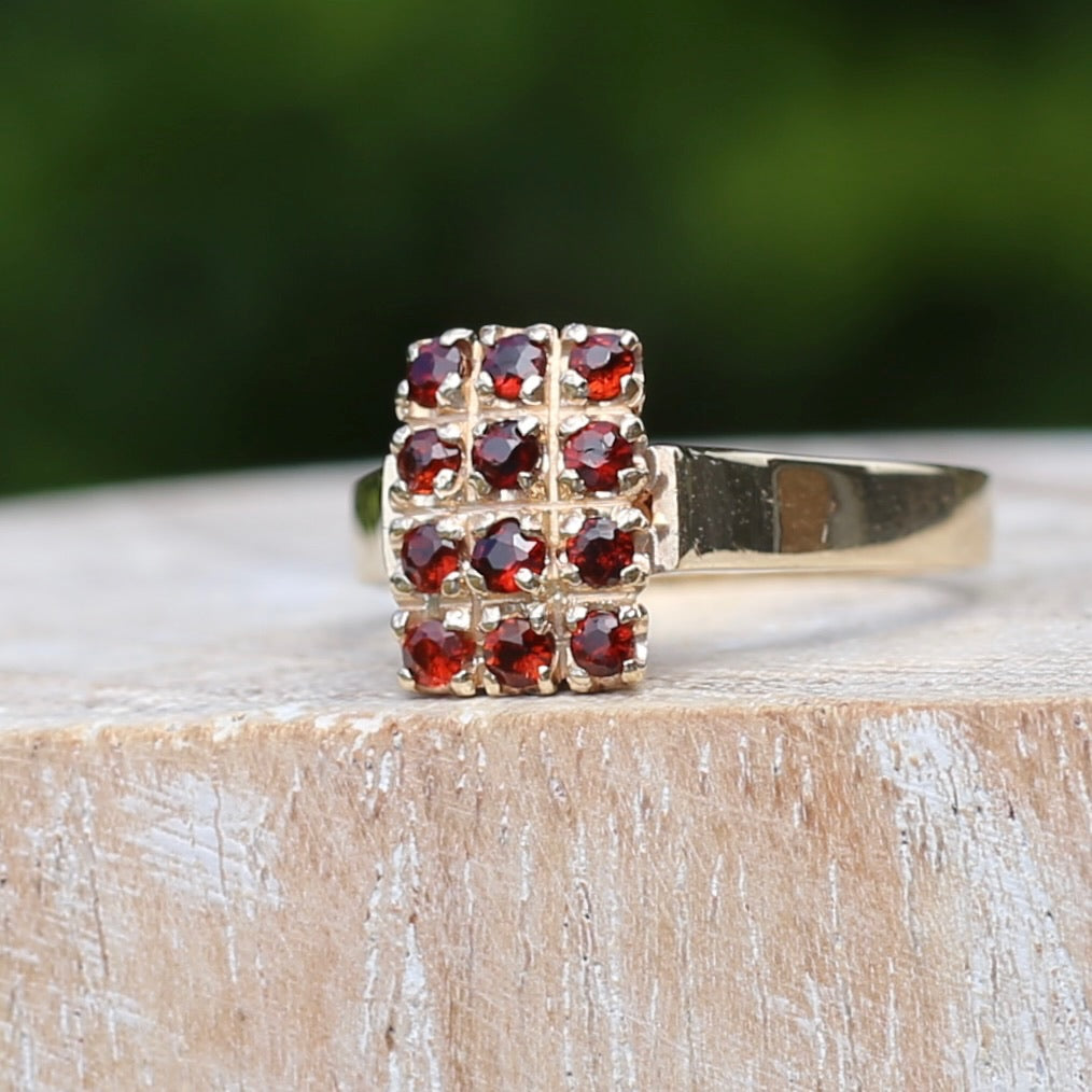 Old Cut 12 Stone Garnet Checkerboard Ring, size P or 7.75