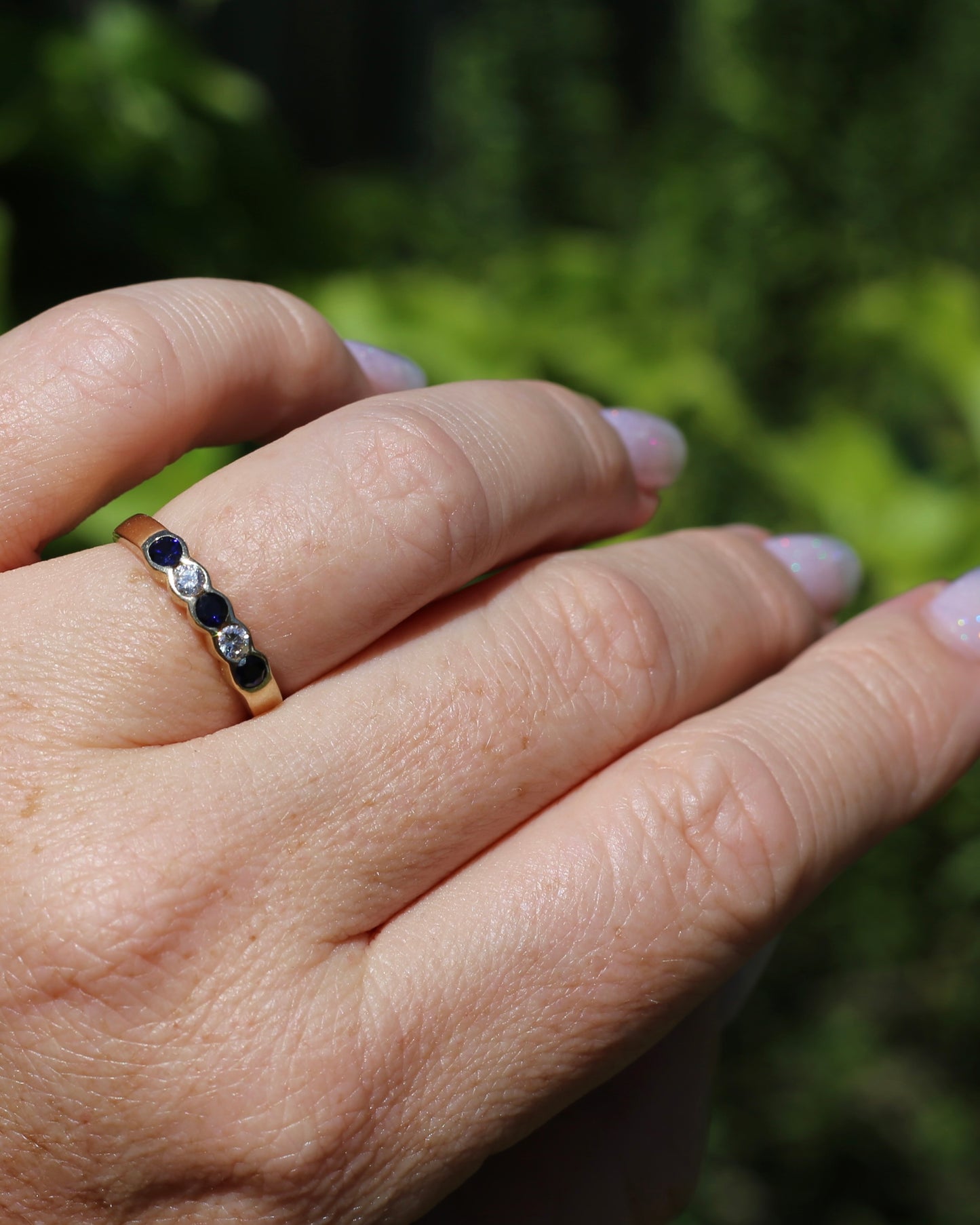 Second Glance - Five Stone Sapphire and Diamond Semi Bezel Ring, 9ct Yellow Gold, approx size N or 6.75 with Arthritis Balls, 2.42g