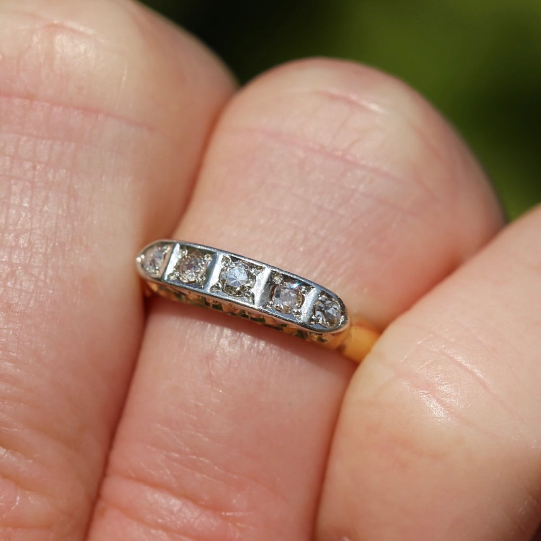 1930s Old Cut 5 Stone Diamond Ring, Platinum and 18ct Yellow Gold, size L or 5.75