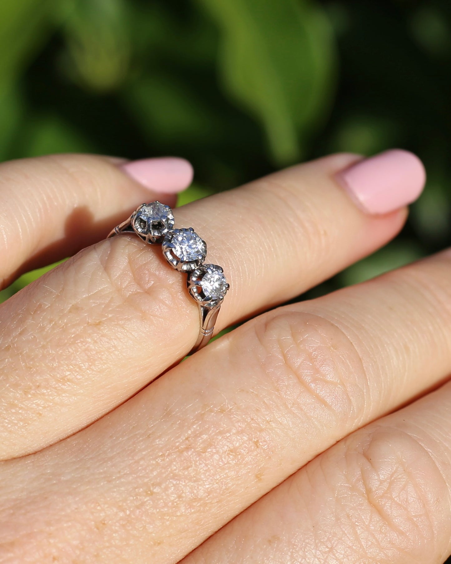 Circa 1930s Transitional Cut Diamond Trilogy with Kozibe Effect, Platinum, size L or 5.75, 2.68g, with valuation