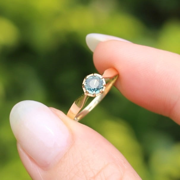 Seafoam Sapphire Solitaire in 8 Claw Setting, 9ct Yellow Gold, size L or just under 5.5