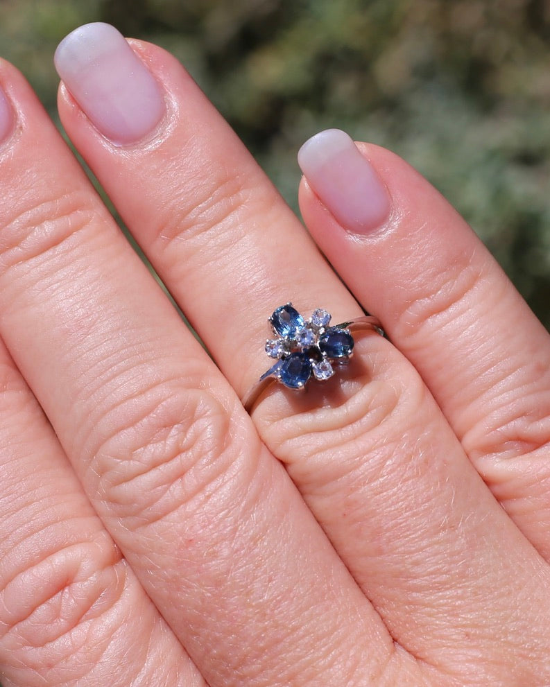 Vintage Parti Sapphire and White Quartz Cluster Ring, 9ct White Gold, size M or just over 6, 1.7g