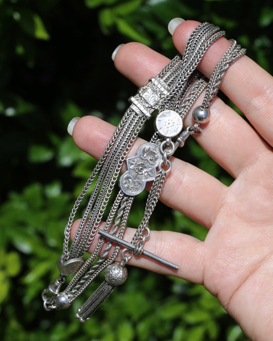 Antique 1901 Double Albertina Necklace with T-bar and Tassel, Sterling Silver, 43.75g