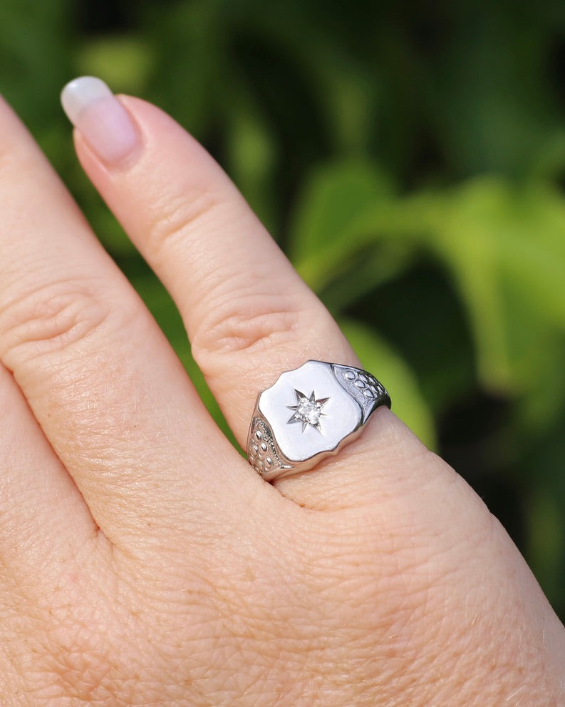 Vintage Shield Signet With Old Cut Diamond, 18ct White Gold, size N or just over 6.5 (fits more like an L1/2-M due to width), 6.86g