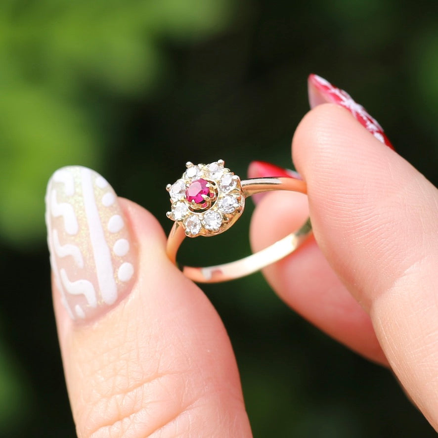 Antique Ruby and Old Cut Diamond Cluster, 15ct Yellow Gold, size O or 7.25 with valuation