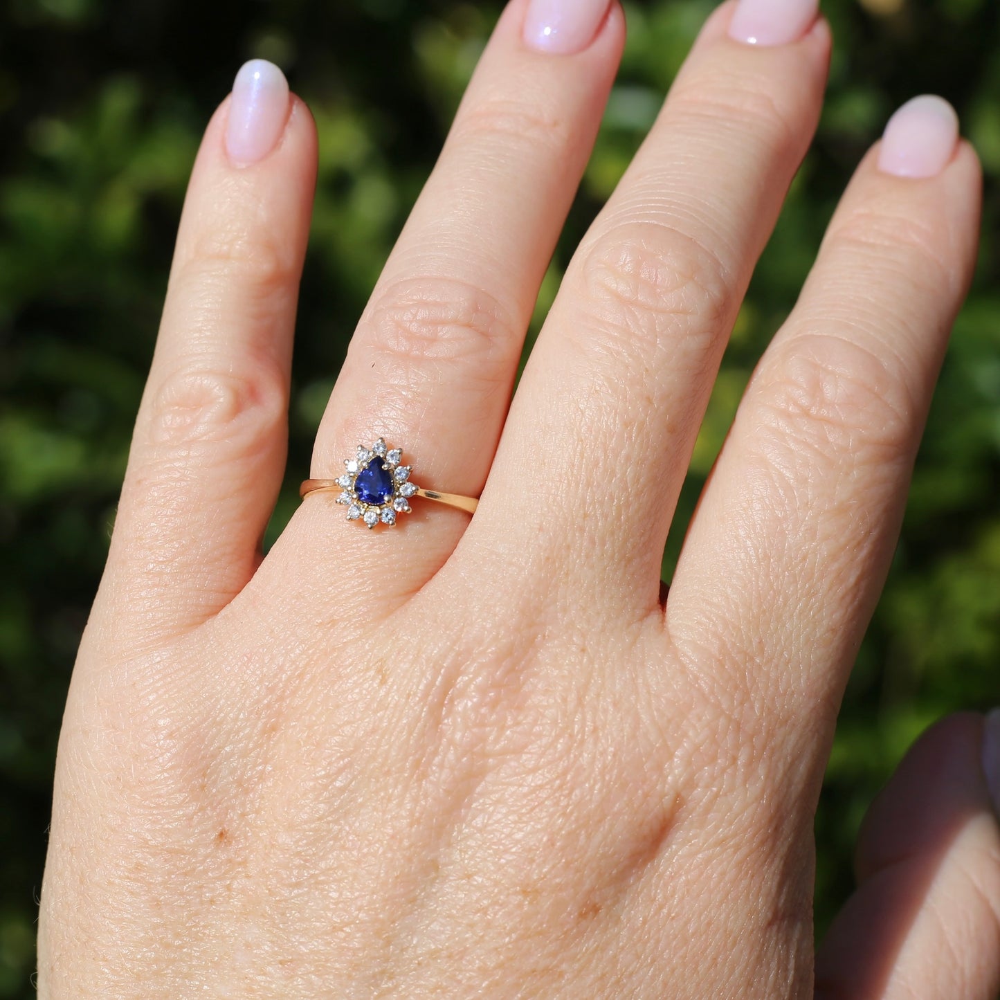 Pear Shaped Sapphire with Halo, 14ct and 18ct Yellow Gold, size 7 or just under O