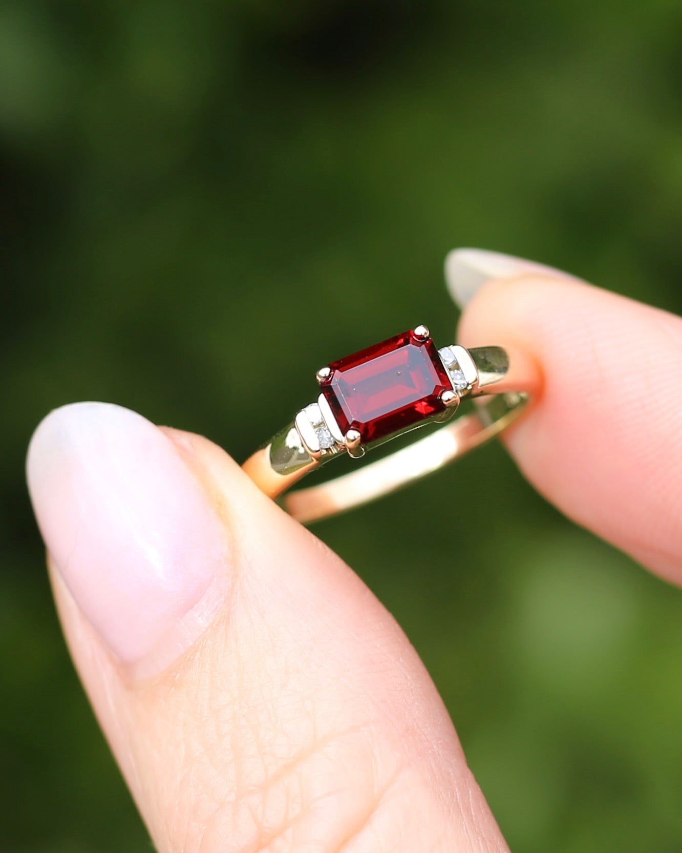 East African East West Set Emerald Cut Garnet and Diamond side stones, 9ct Yellow Gold, size P1/2 or 8