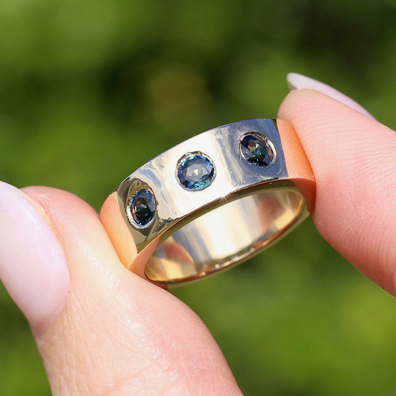 Custom Reclaimed Gold Chunky 9ct Rings with 4mm Parti Sapphires