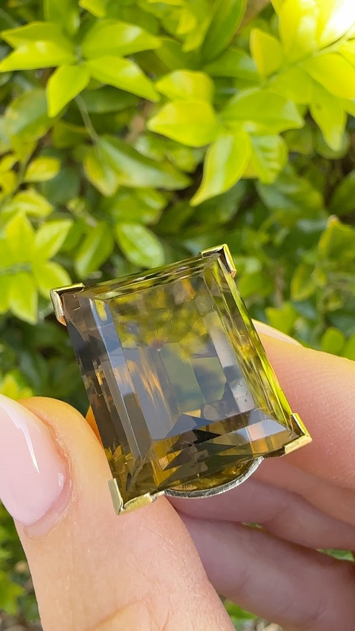 Mid Century 36ct Princess Cut Smoky Quartz Cocktail Ring, 9ct Yellow Gold, size N1/2 or 6.75