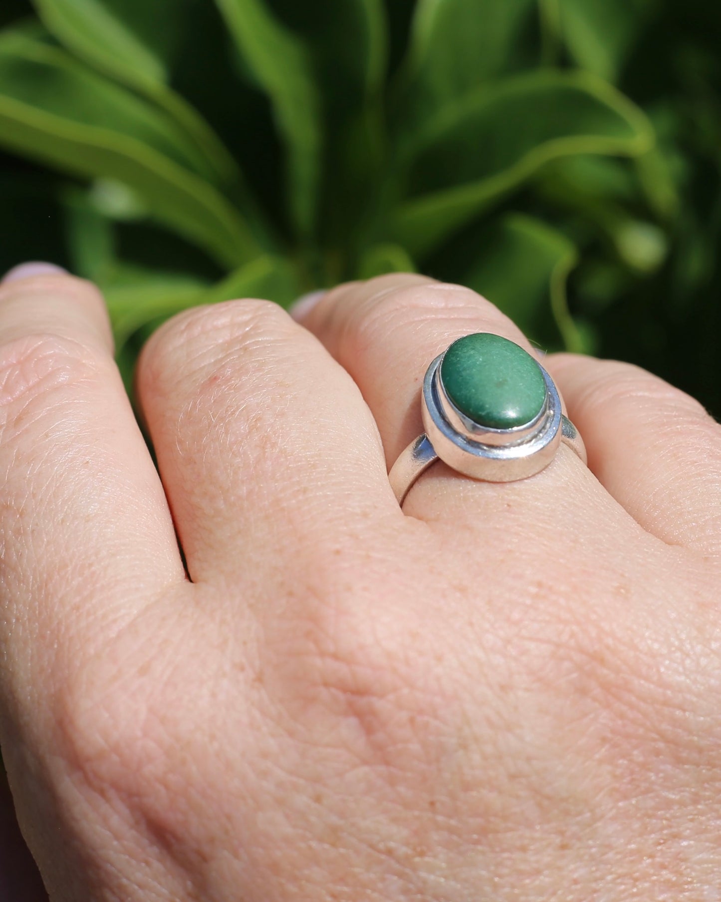 Natural Green Turquoise Bezel Set Ring, Sterling Silver, size P or 7.5, 6.0g