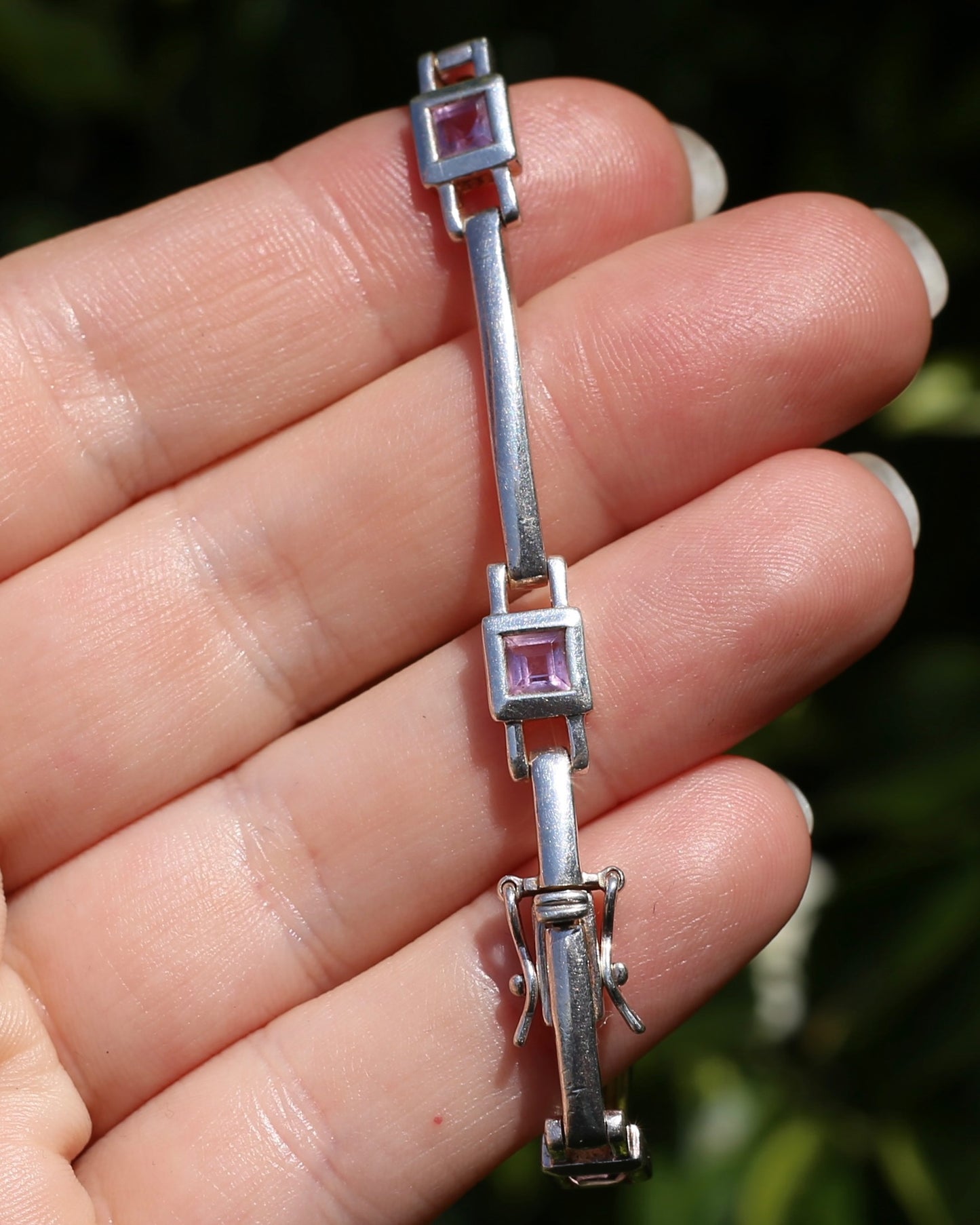 Bezel Set Amethyst Silver Bracelet with Double Safety Clasp, 12.2g