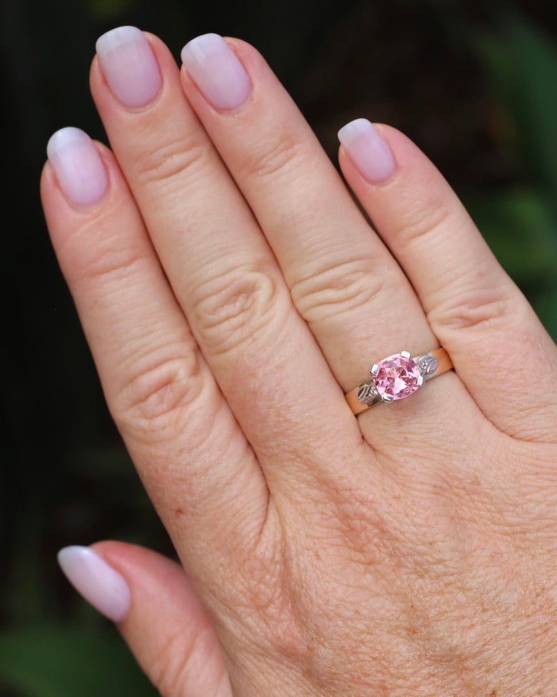 1.62ct Natural Pink Tourmaline in 1970s Mixed Metal Setting with Diamond Side Stones, size P or 7.5, 4.34g