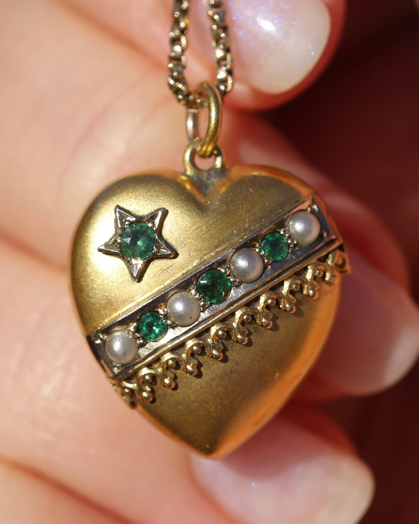 Early Australian Aronson & Co Puffy Heart set Pendant with Pearl and Green Gems, 9ct Yellow Gold, 2.59g