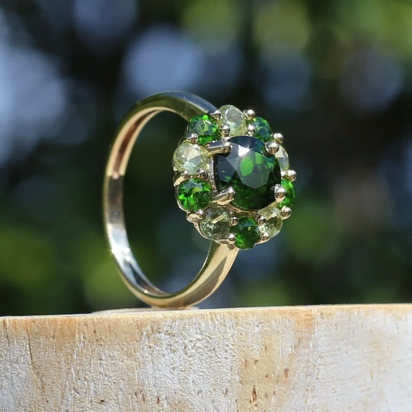 Chrome Diopside and Green Garnet Daisy Cluster Ring, 9ct Yellow Gold, size N1/2 or 7