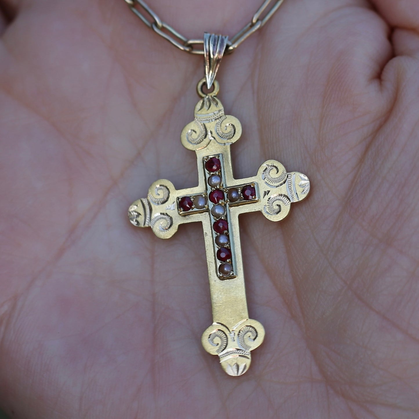 Antique 15ct Ruby and Pearl Crucifix by Australian Jeweller Willis and Sons, 15ct Gold