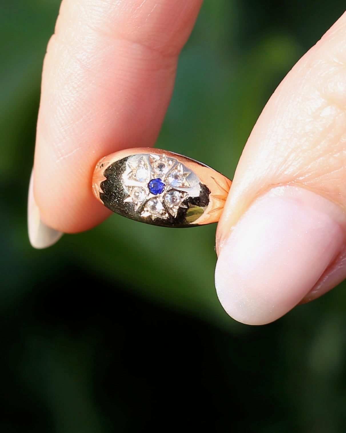 Vintage 1994 Birmingham Made Sapphire and White Stone Floral Cluster in Domed Ring, 9ct Yellow Gold, size J1/2 or 5