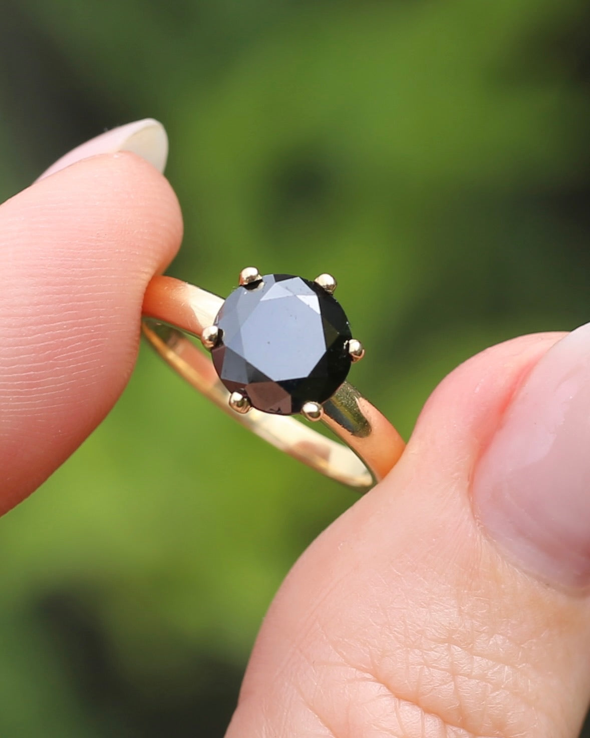 Black Moissanite Solitaire, 6 claw set 14ct Yellow Gold, size N1/2 or nearly 7, 3.63g