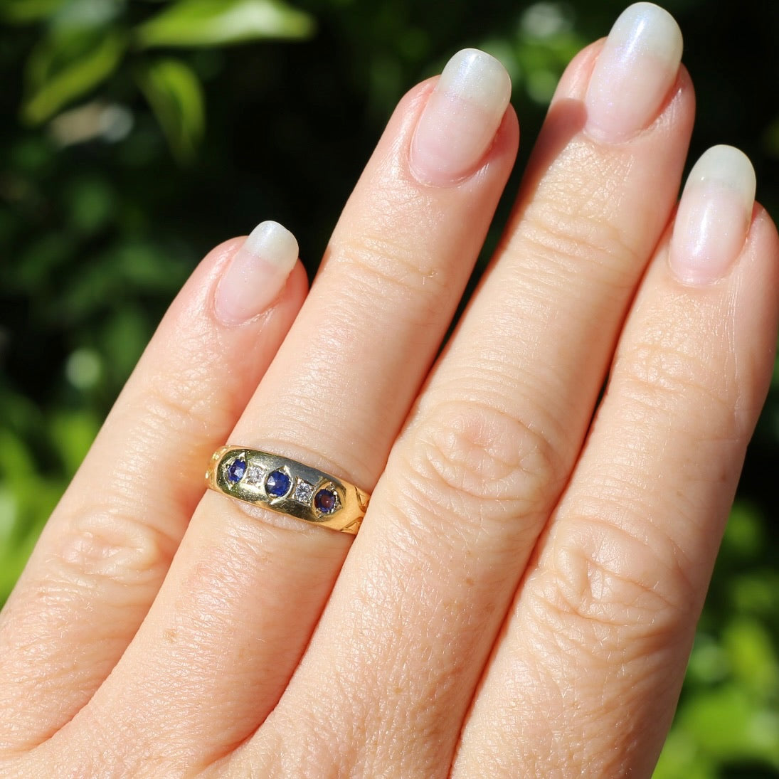 1897 Old Cut Sapphire and Diamond Five Stone Ring, 18ct Yellow Gold, size O or 7.25