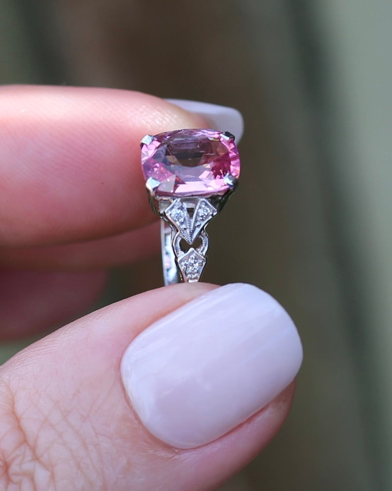 Pale Pink Tourmaline and Old Cut Diamond Shoulder Ring, 18ct White Gold and Platinum, size N or 6.75, 2.63g