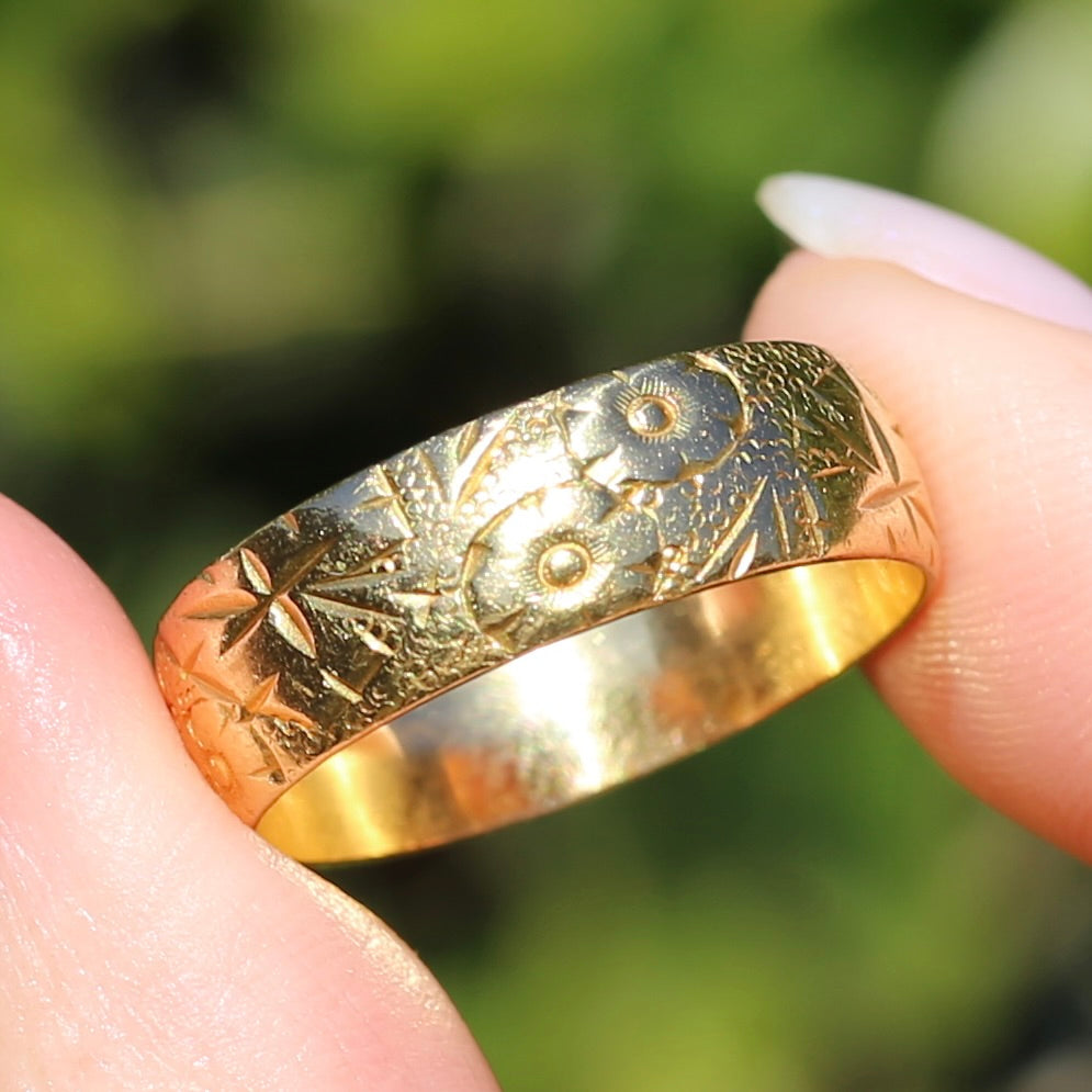 1964 22ct Half Round Band with Crisp Floral Engravings, size U1/2 ot 10.5 (fits about T1/2 or 9.75)