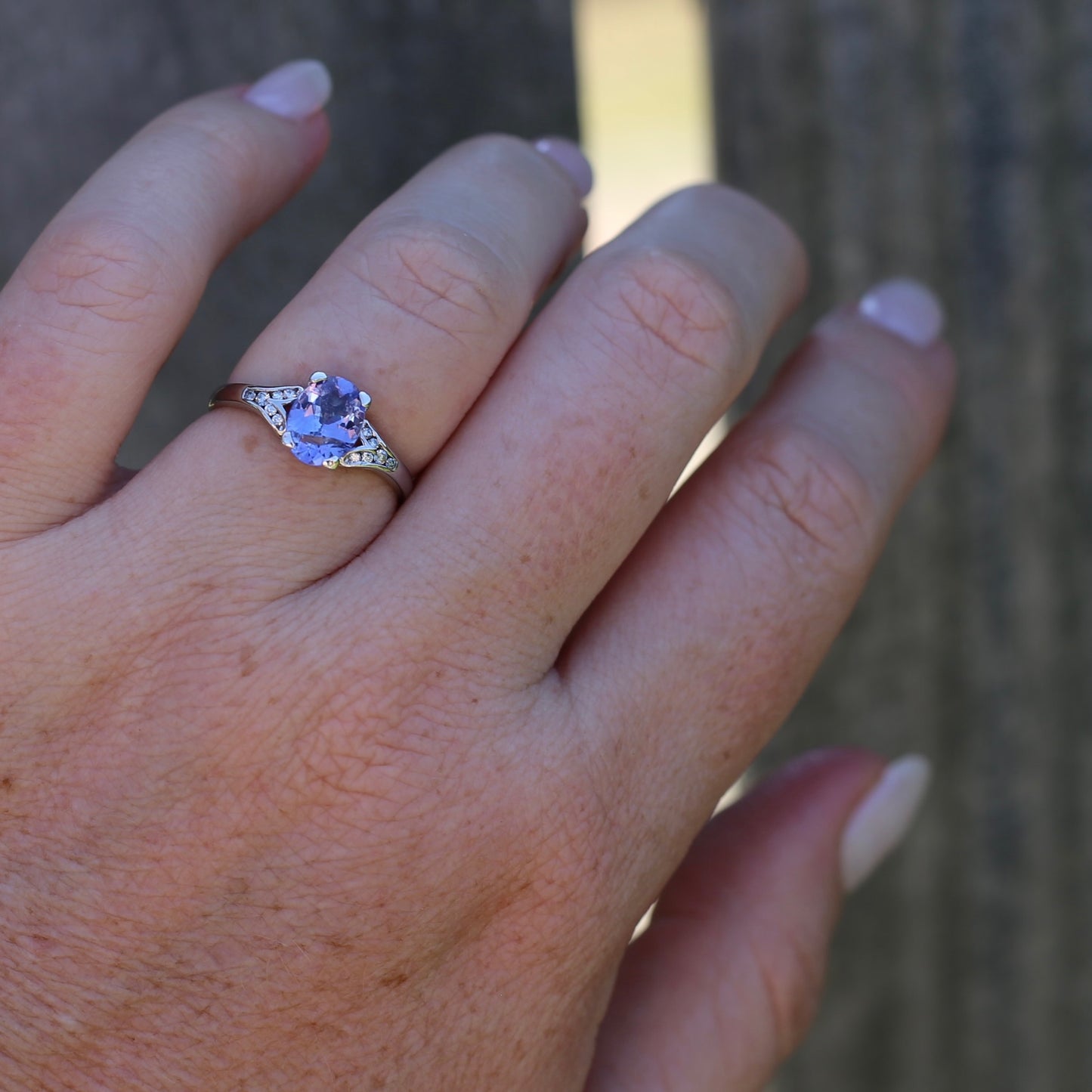 1.36ct Oval Natural Tanzanite and Diamond Split Shoulders, 9ct White Gold, size N1/2 or 7