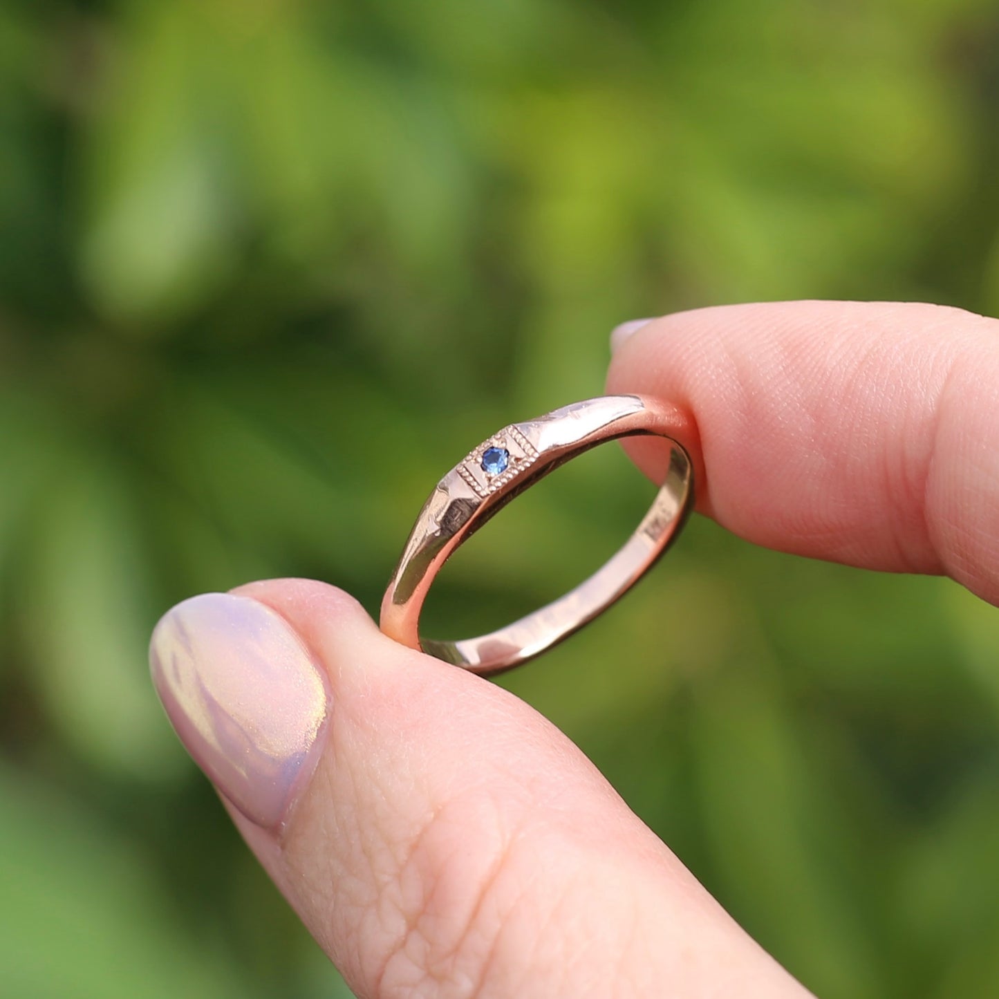 Rustic Handmade Rose Gold Ring with Blue Spinel, 9ct Rose Gold, size T or 9.5