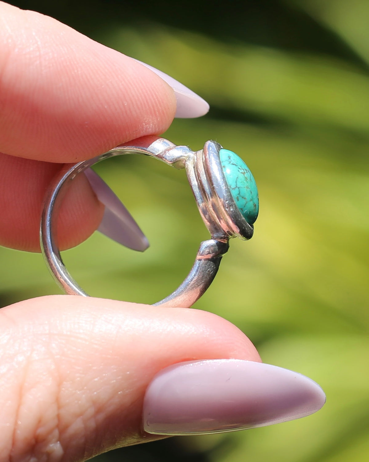 Natural Turquoise Cabochon Bezel Set Ring, Sterling Silver, size Q or just over 8, 7.3g