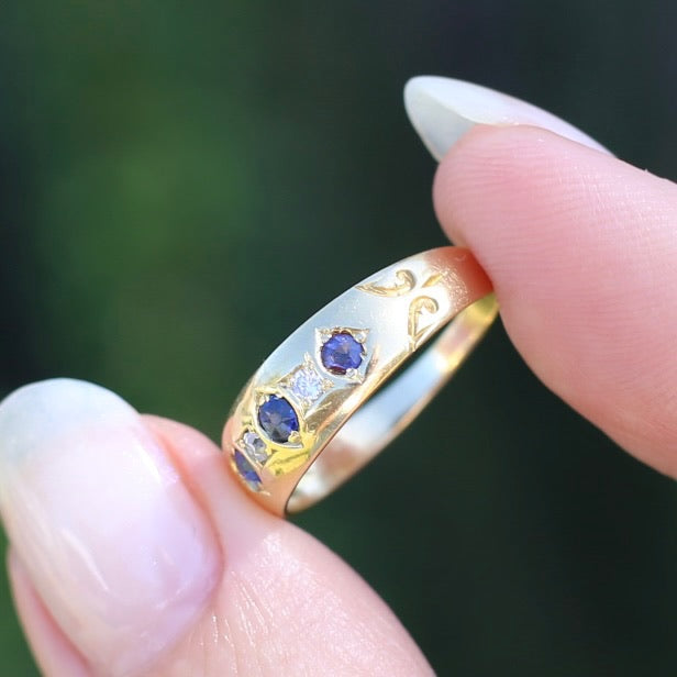 1897 Old Cut Sapphire and Diamond Five Stone Ring, 18ct Yellow Gold, size O or 7.25