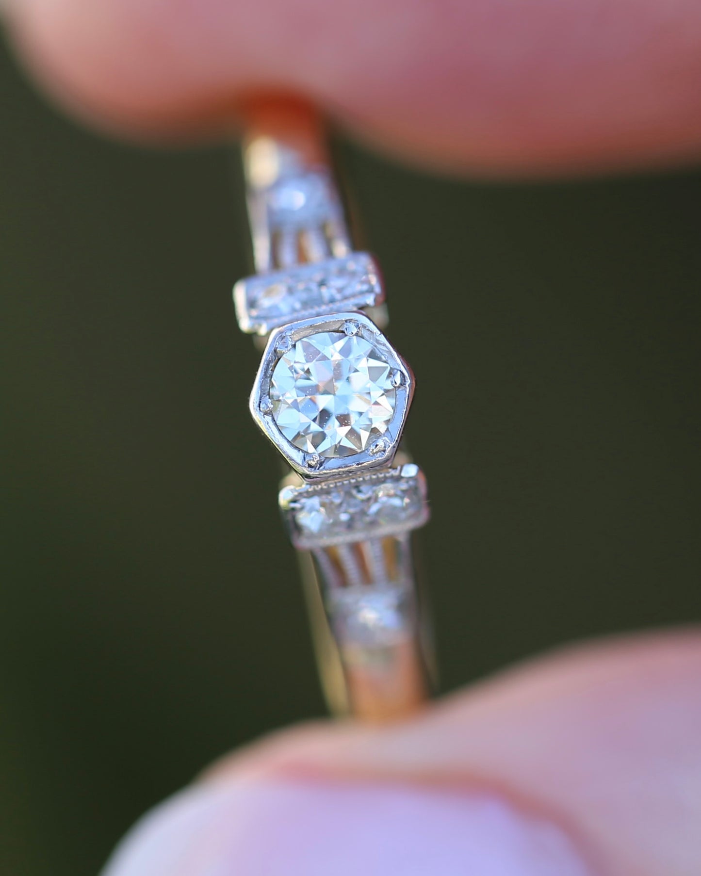 Hexagonal Grain Semi Modern Cut Diamond and Single Cut Diamond Shoulders Ring, 18ct White and Yellow Gold, size P1/2 or 8, 2.58g, with valuation