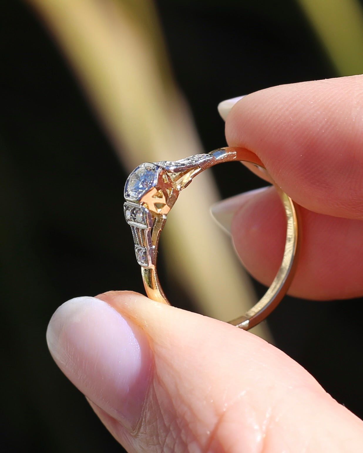 Hexagonal Grain Semi Modern Cut Diamond and Single Cut Diamond Shoulders Ring, 18ct White and Yellow Gold, size P1/2 or 8, 2.58g, with valuation