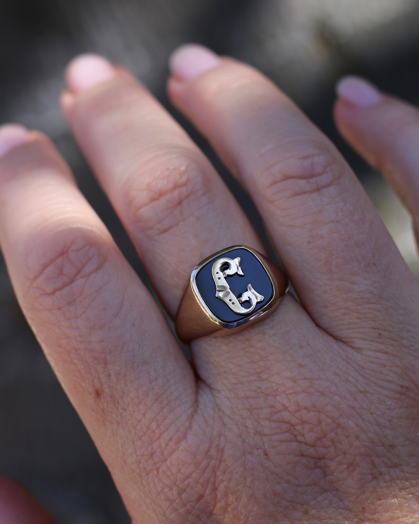 Vintage "C" Onyx Signet Ring, Bezel Set, Older Rosey Gold, size 9.5 or T
