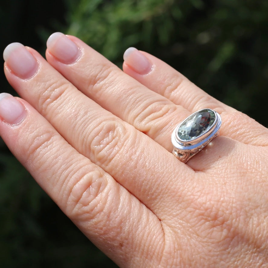 East West Set harlequin Cut Prasiolite in Floral Engraved Silver Ring, size P1/2 or 8