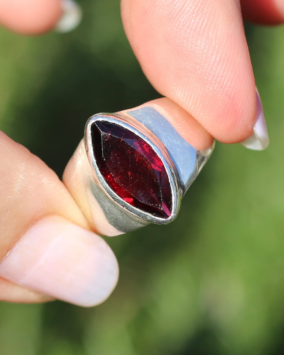 Bezel Set Marquise Garnet Ring, Sterling Silver, size R - fits more like Q-Q1/2 or 8.25, 7.65g