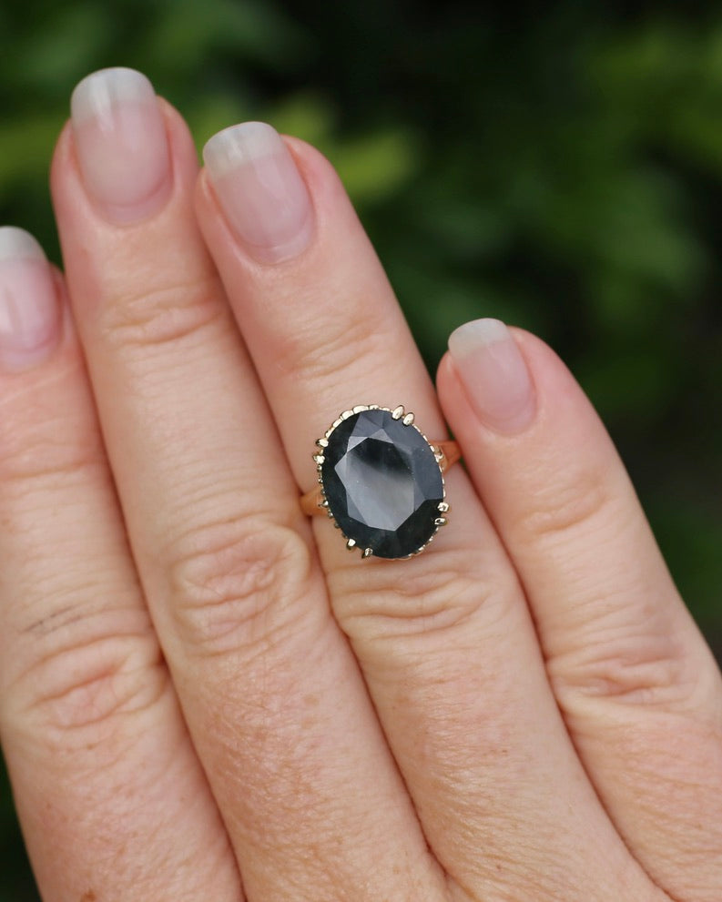 8.4ct Opaque Blue Sapphire, in Four Double Claw Filigree 9ct Yellow Gold Ring, size J or 4.75, 3.53g