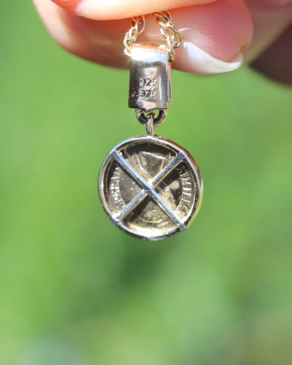 1865 Mexican Coin Replica in Coin Frame Pendant, 9ct Yellow Gold and silver support bars, 1.69g