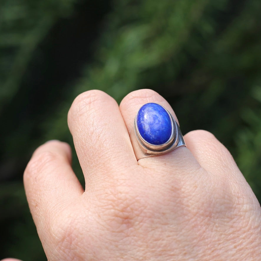 Large Lapis Cabochon in Silver Bezel Setting, size P1/2 or just under 8