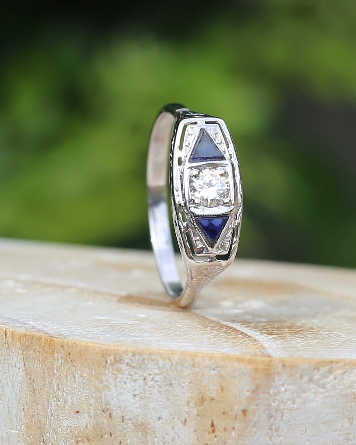 Art Deco Diamond and Sapphire Trilogy in Raised Handmade Engraved Floral Setting, 14ct White Gold, size U or 10 - offering free resize down to 7 or O, with valuation