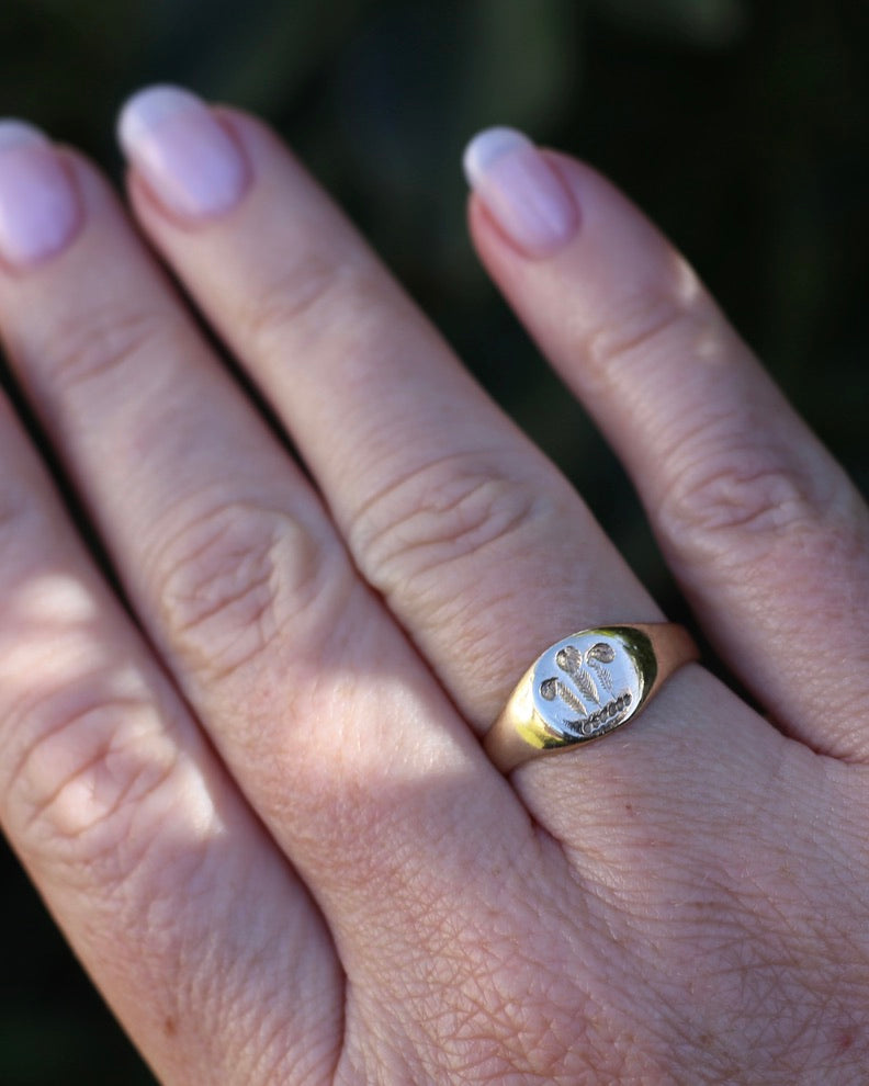 1984 Made Hand Carved Welsh Feather Signet Ring, 9ct Yellow Gold, size Q or just over 8, 2.45g